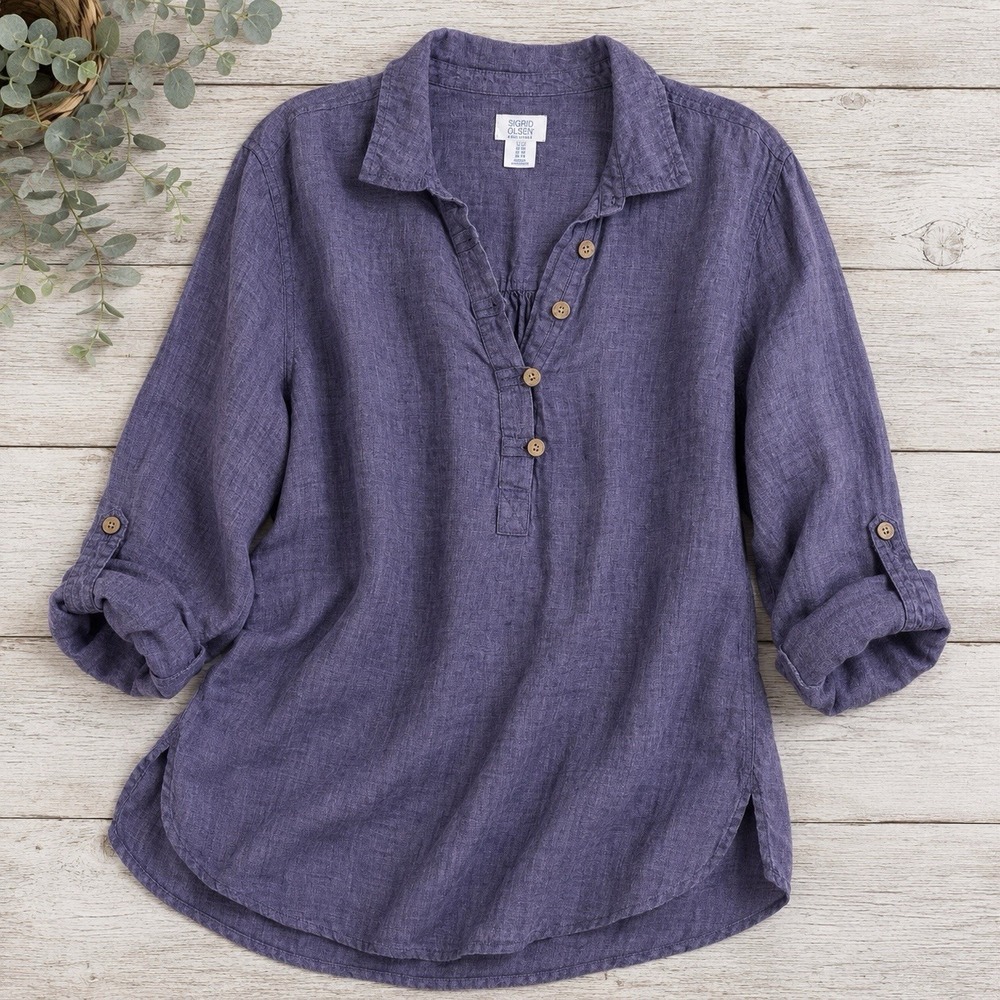 Sigrid Olsen 100% Linen Tunic Top 1X Indigo Blue Roll Tab Sleeve Boho Read